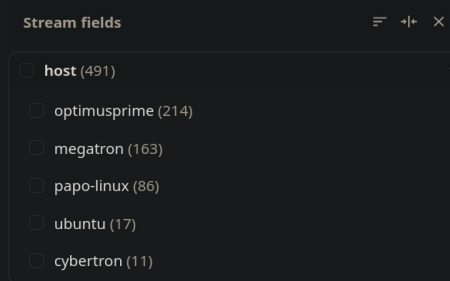 VictoriaLogs stream fields showing log counts grouped by host