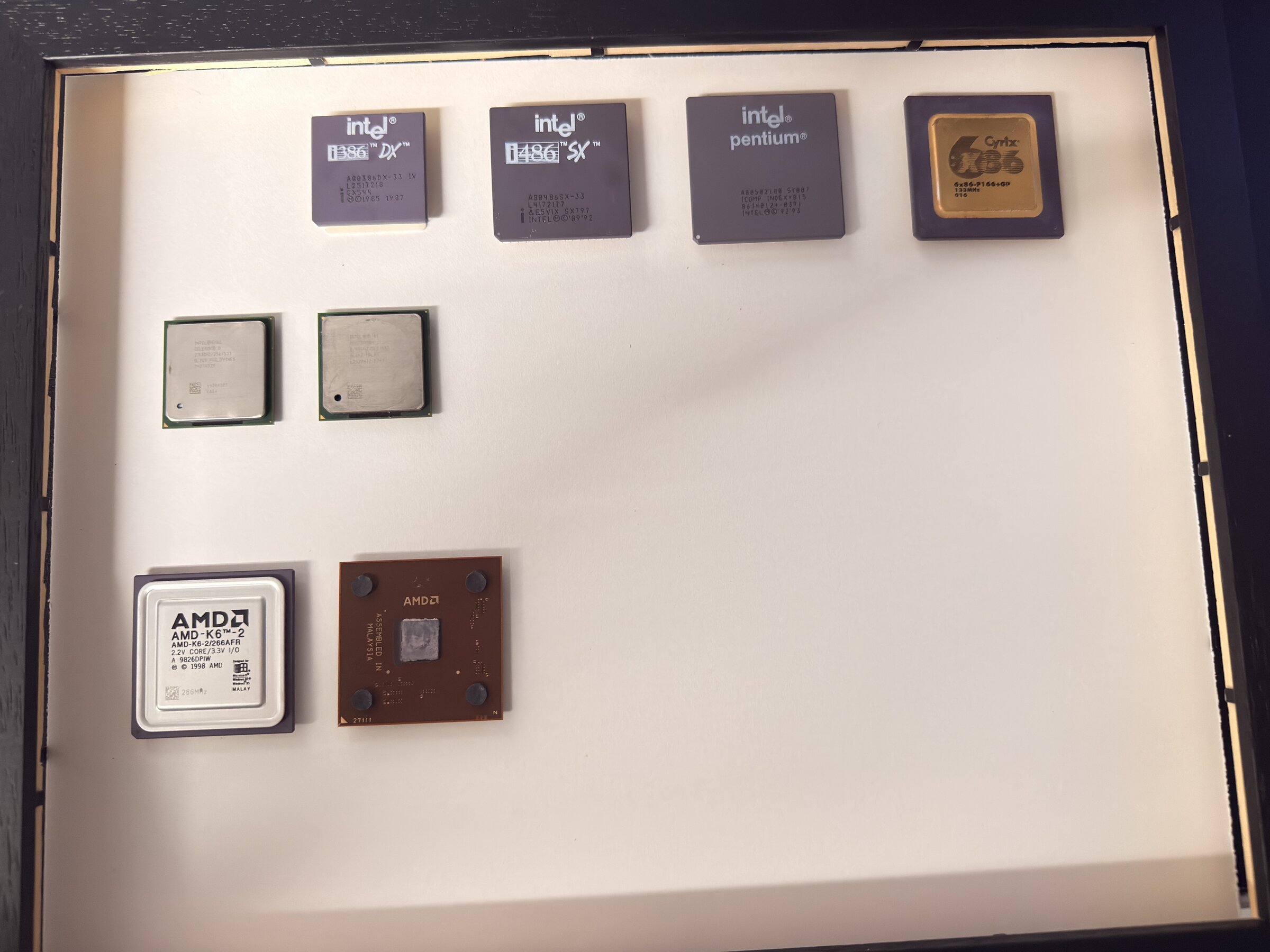 A display of vintage Intel, Cyrix, and AMD processors