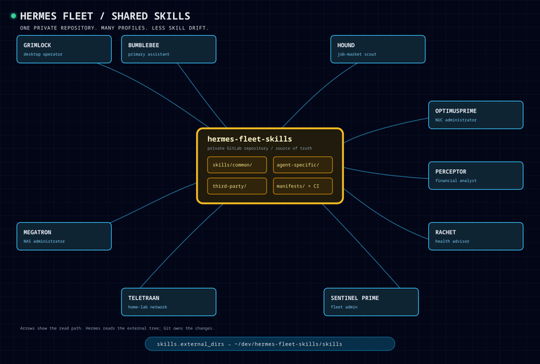 Diagram of directly managed Hermes agents reading common and profile-specific skills from a shared Git repository